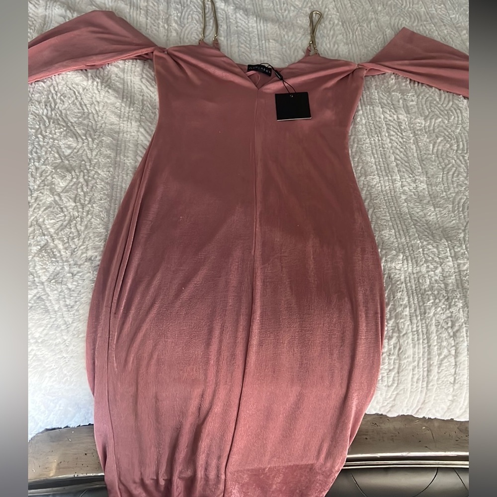 Salmon mid Dress with Gold straps mid long sleeves